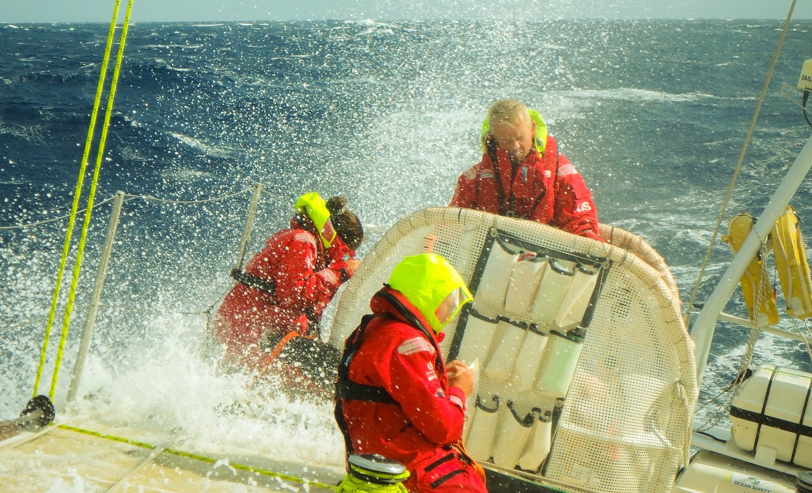 Andrew Jagoe-Salter on the helm being hit by a big wave 