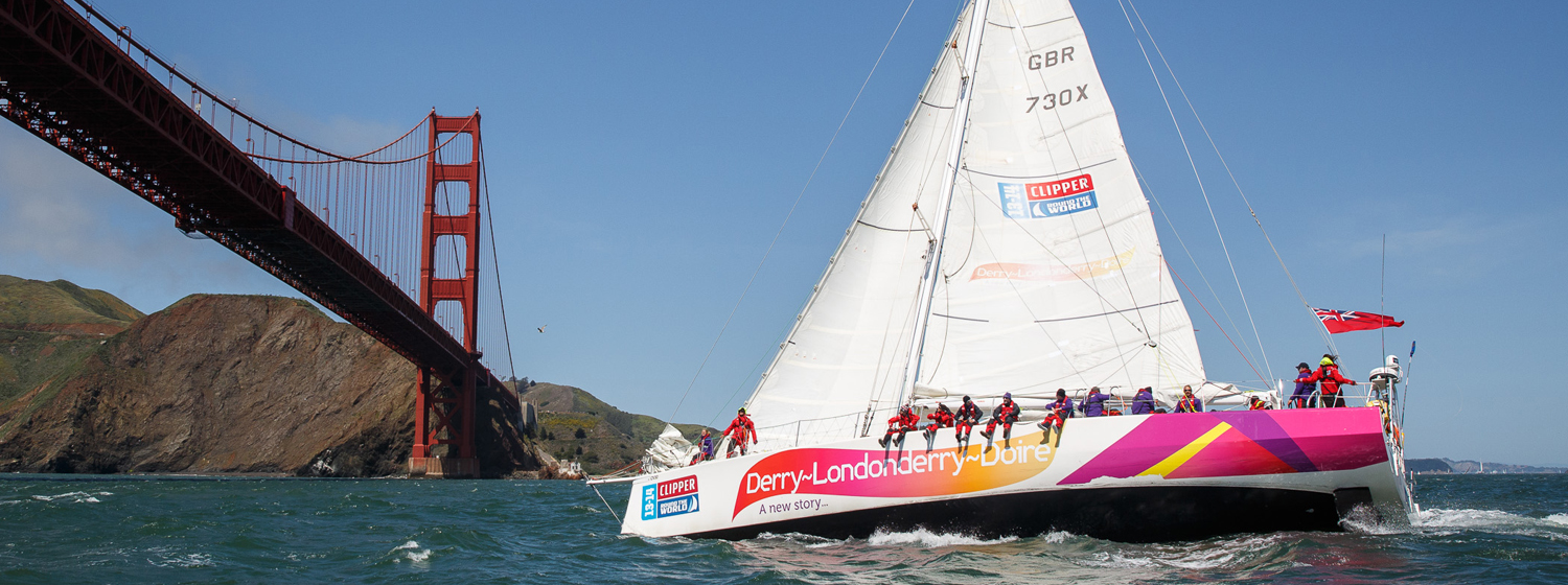 Derry~Londonderry~Doire sailing under the Golden Gate Bridge, San Francisco