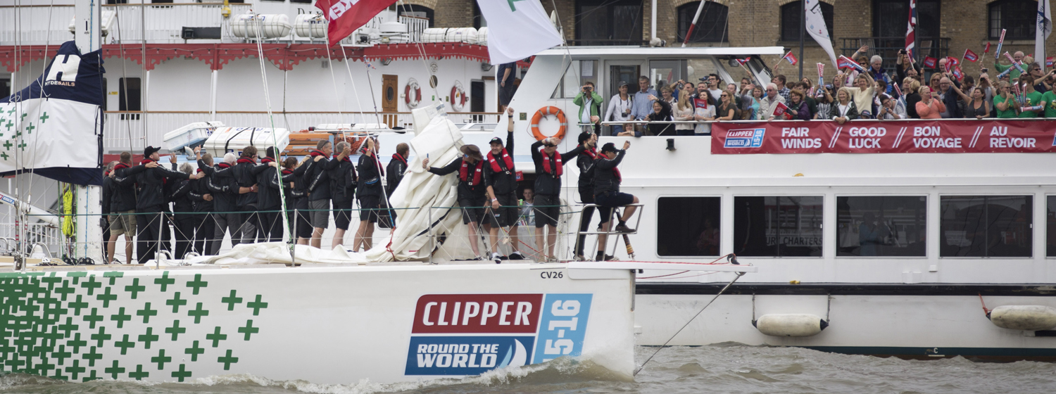 Spectator boats wave the race teams farewell at the Race Start in London last summer