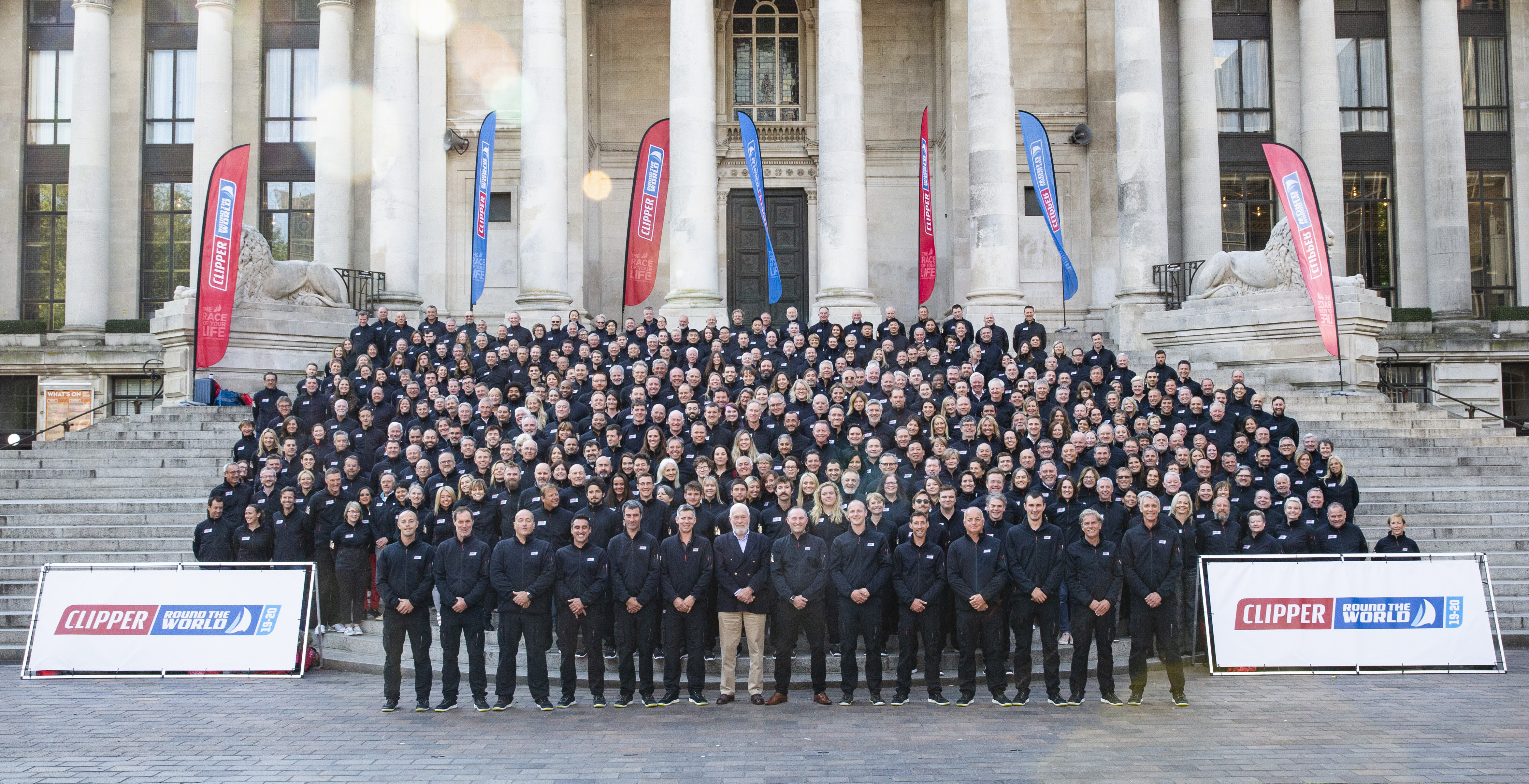 Clipper 2019-20 Race Crew stand on the steps of Portsmouth's Guildhall at last year's Crew Allocation