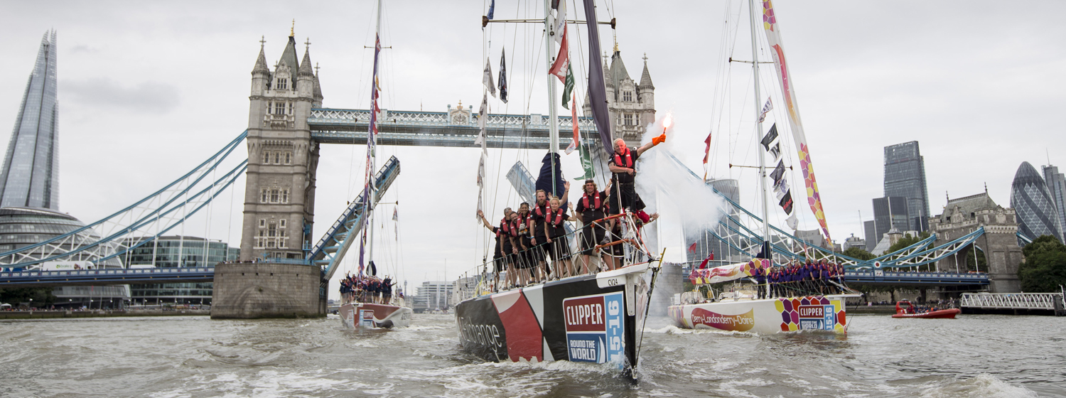 Clipper Race fleet performs Parade of Sail on River Thames 