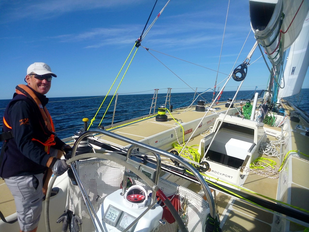 John Charles at the helm during Clipper Race training in Australia
