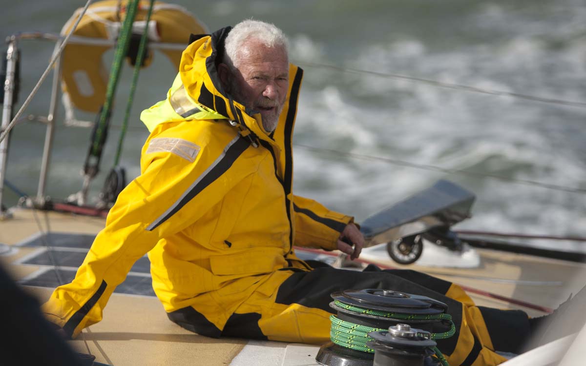 Sir Robin Knox-Johnston is racing in lumpy seas and winds of 20-30 knots