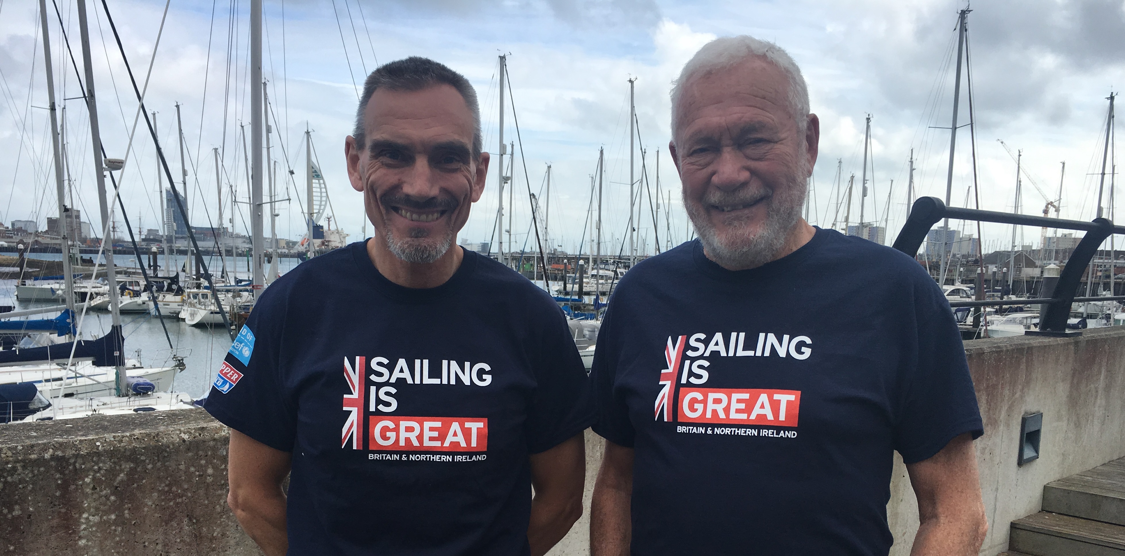 Clipper Race founders William Ward and Sir Robin Knox-Johnston pictured wearing the Sailing is GREAT Tshirt