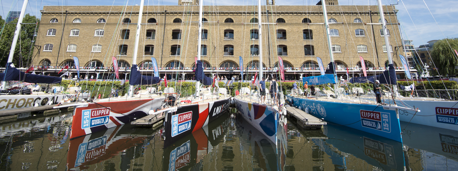 The Clipper Race fleet in St Katharine Docks, London