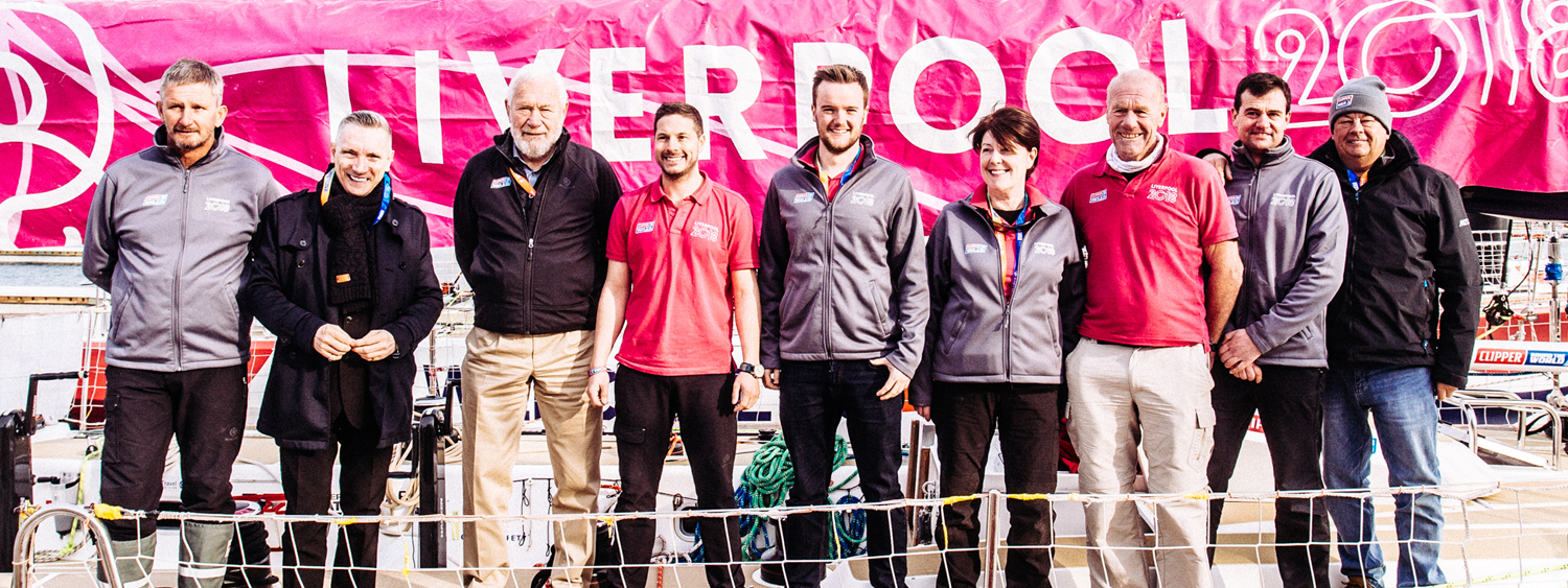 Vice Mayor of Liverpool Garry Millar with Sir Robin Knox-Johnston and Liverpool 2018 crew