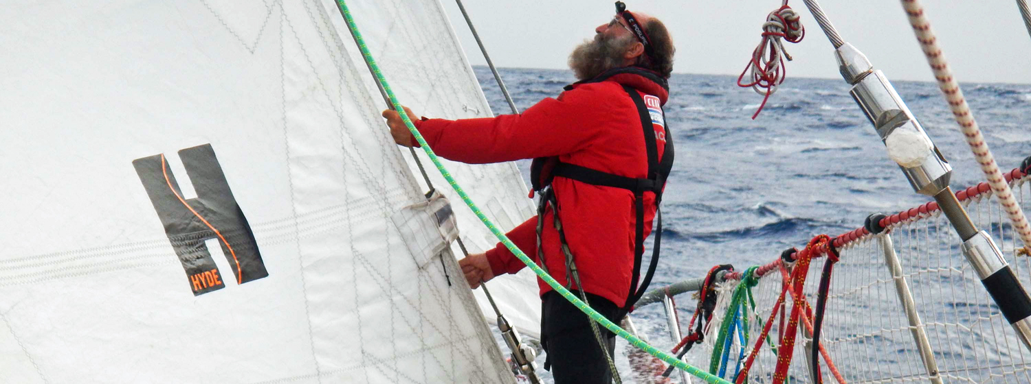 Mike Sweet at the bow of Qingdao during Race 11 in the Caribbean