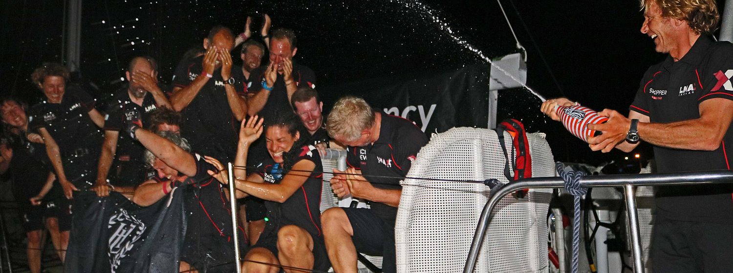 LMAX Exchange team celebrate race win with champagne