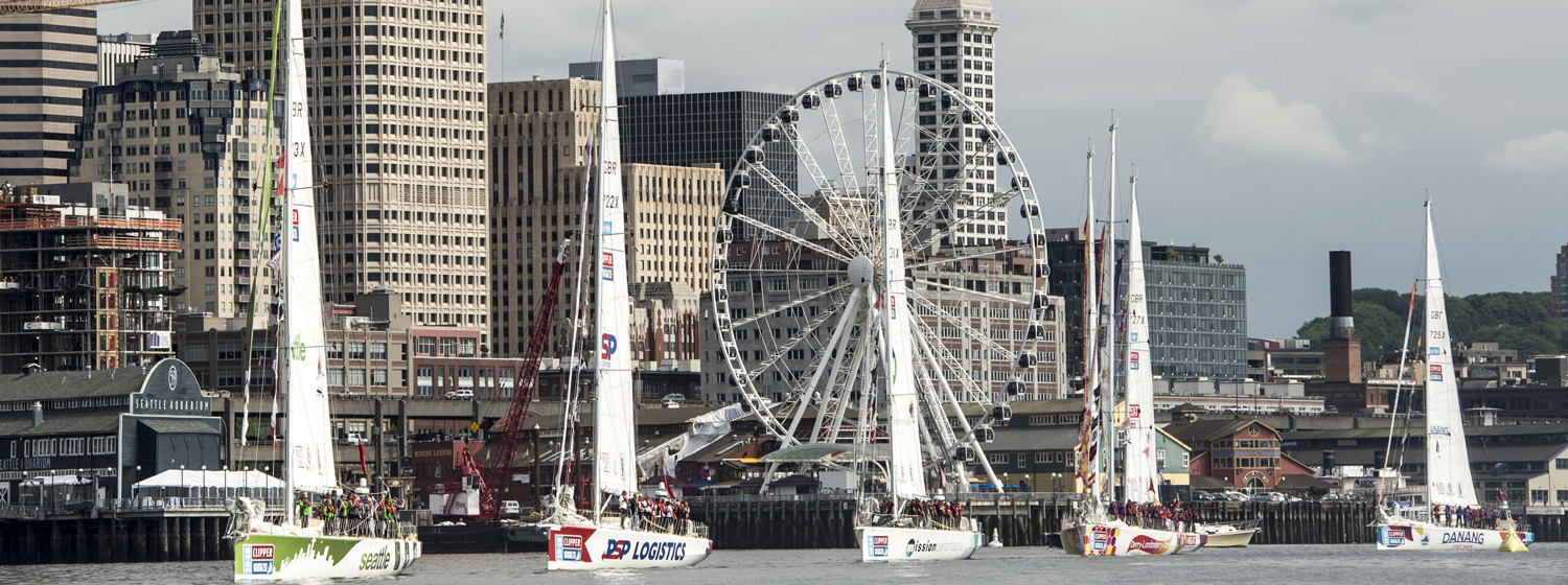 The Clipper Race fleet departs from Seattle in the Clipper 2015-16 Race