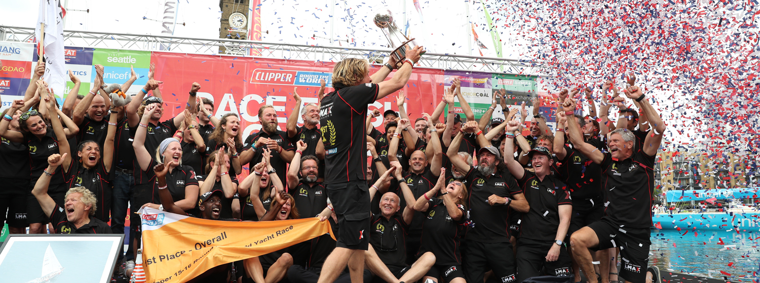 Team LMAX Exchange celebrate its win at Clipper Race Finish in London