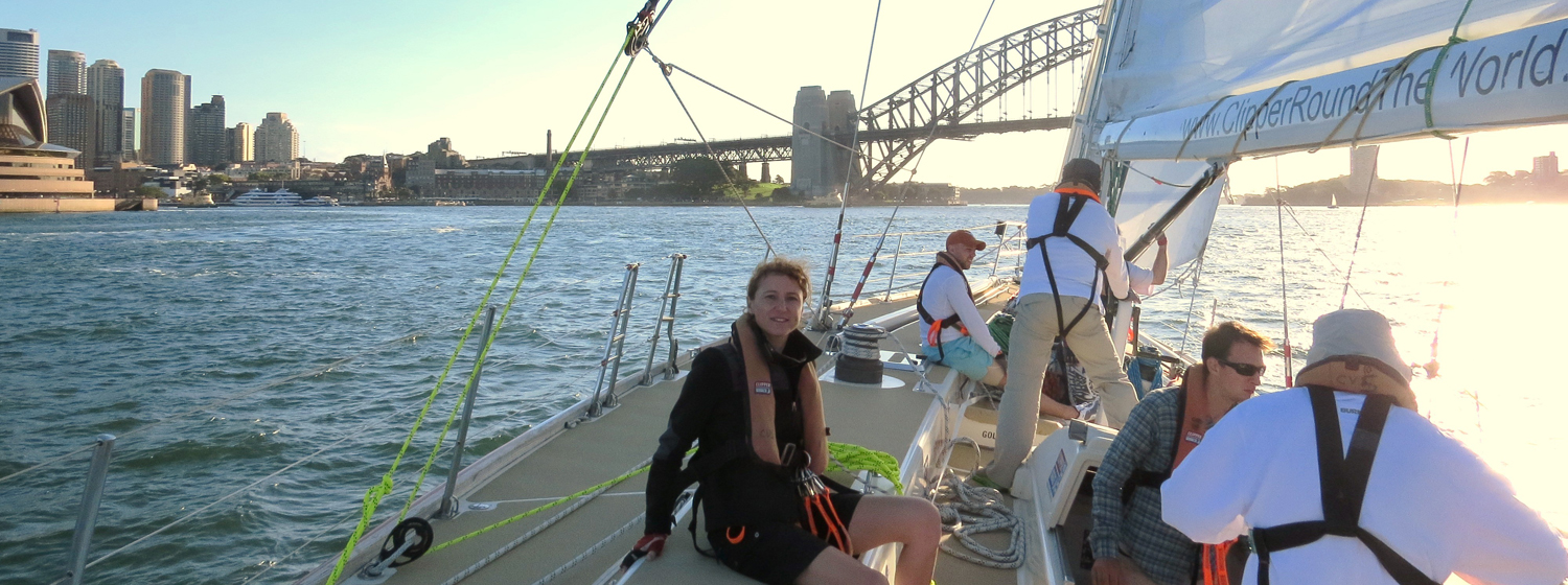 Crew member Cathy Lorho on board her Clipper Race training in Sydney Harbour