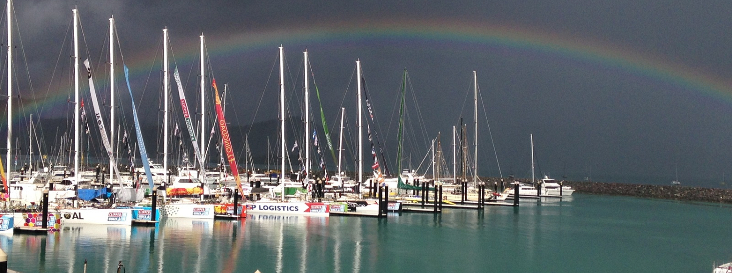 Rainbow pictured over the Clipper Race fleet in Airlie Beach 