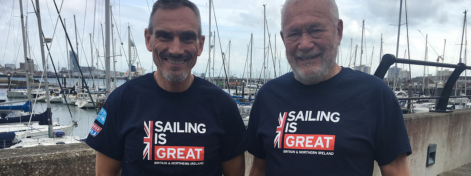 Clipper Race founders William Ward and Sir Robin Knox-Johnston pictured wearing the Sailing is GREAT Tshirt