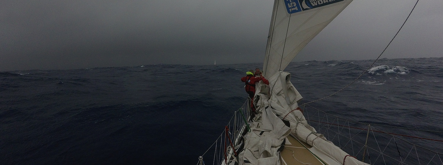 Crew shown hanking on sail as Storm Colin approaches