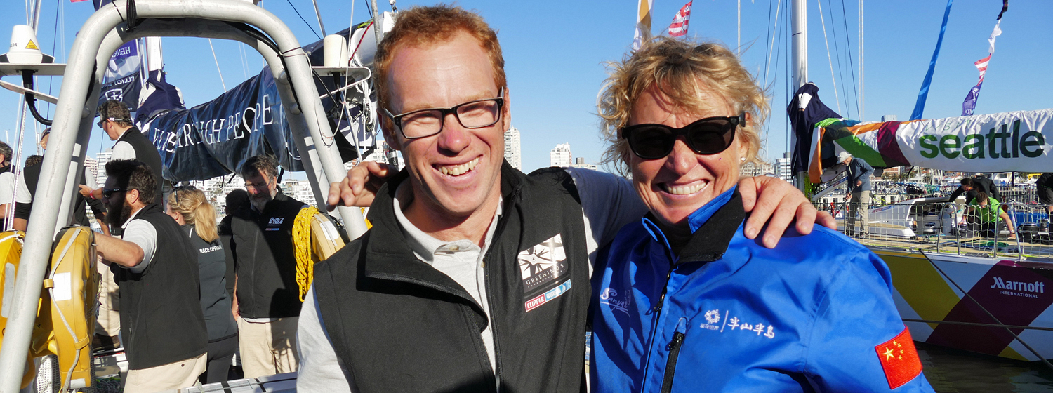 Interim Greenings Skipper and Deputy Race Director, Dan Smith with Sanya Serenity Coast Skipper, Wendy Tuck