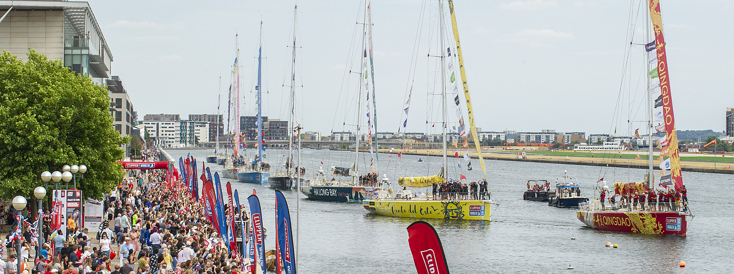 Clipper Race Fleet Parade of Sail at Race Finish in London’s Royal Docks