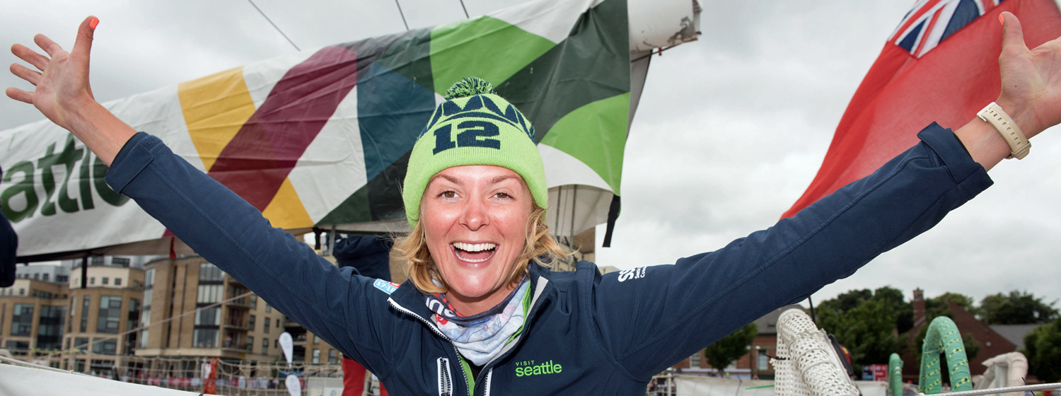 Visit Seattle Skipper Nikki Henderson celebrates win in Derry-Londonderry. ©Martin McKeowen
